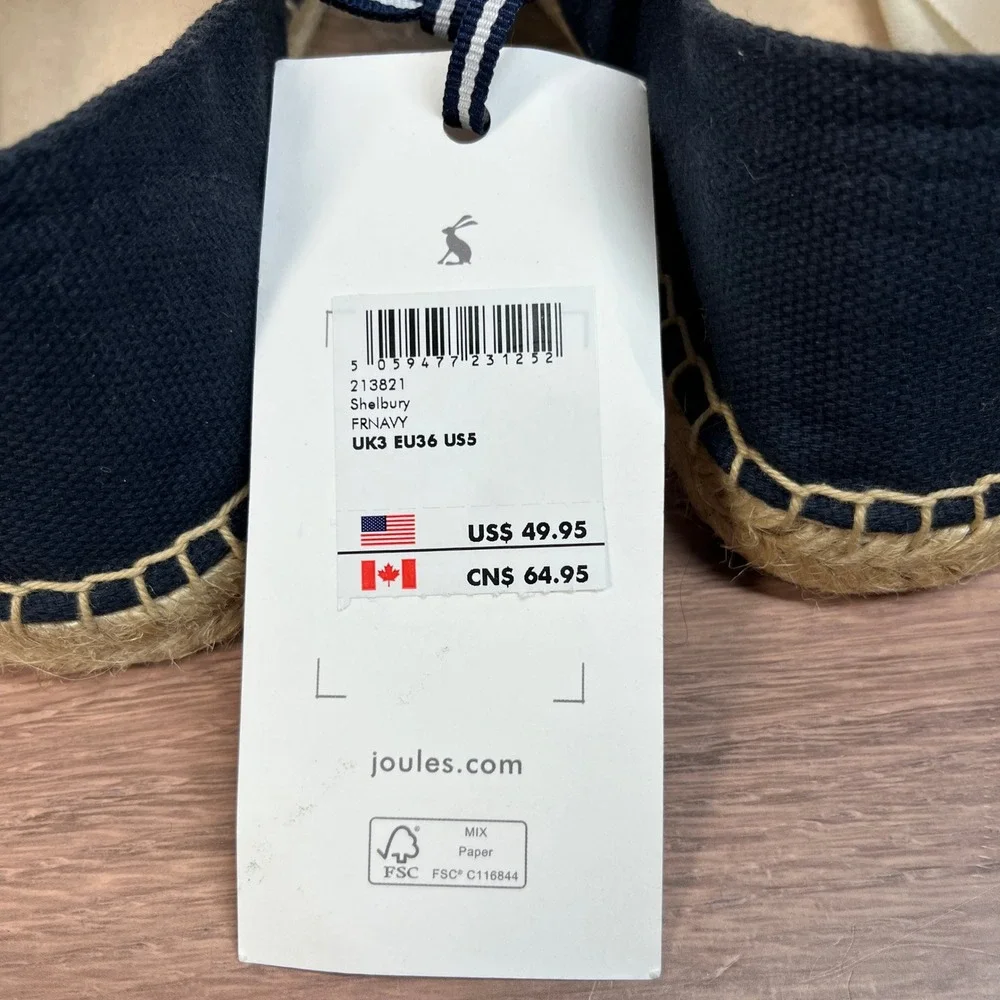 Joules Shelbury Espadrilles Womens Navy Blue Embroidered Bee Canvas Flats 5 NEW